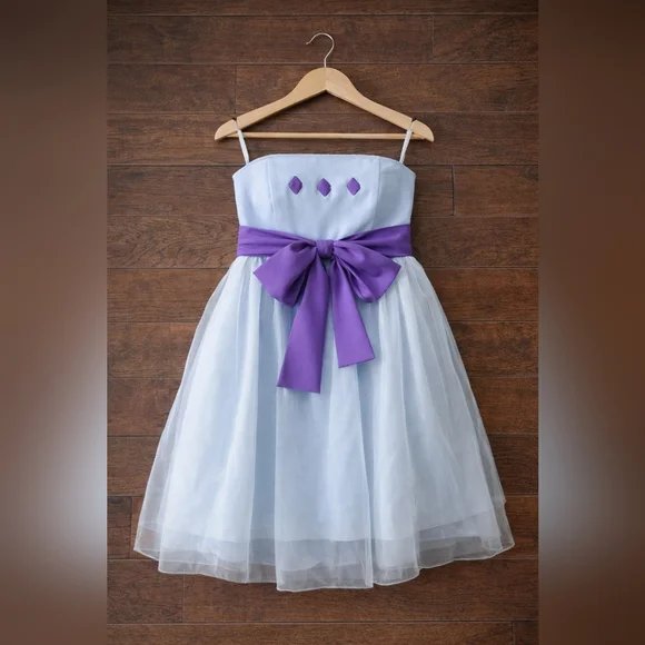 Women/Girl Print Mesh Flare Hem Belted Slip Dress Baby Blue - Picture 4 of 5